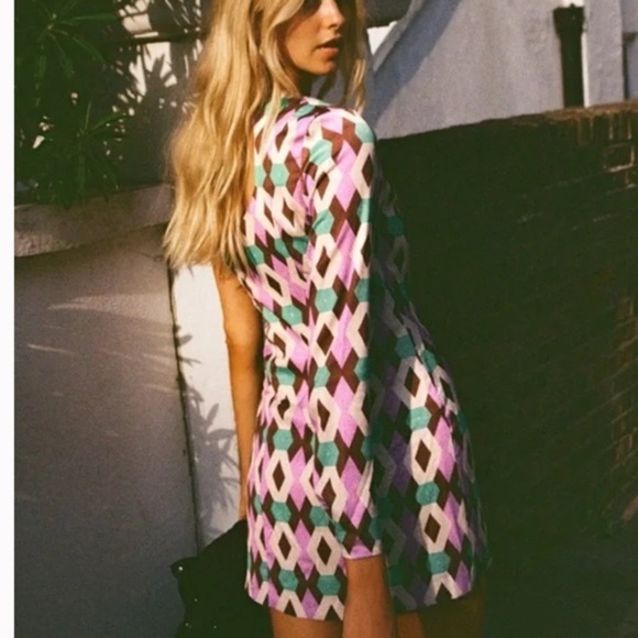 Zara satin geometric print lilac purple green one shoulder mini dress size small - Picture 1 of 6